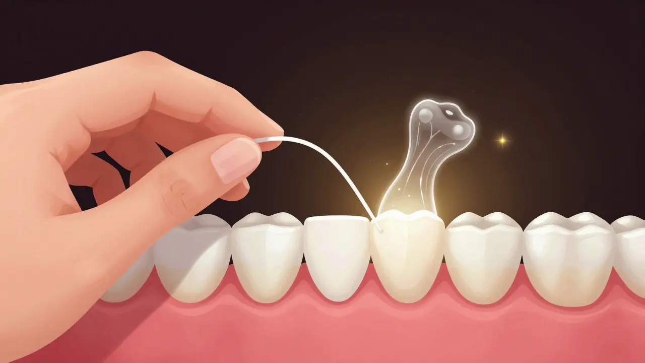 Čištění zubní nití mezi zuby s vize obnovy skloviny.
