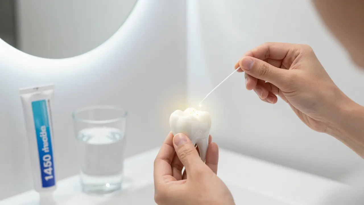 Člověk používá zubní nitě s fluoridovou pastou a sklenicí vody.