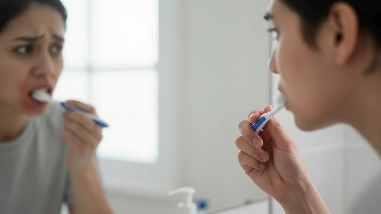 Člověk se dívá do zrcadla a pozoruje krvácení dásní při čištění zubů