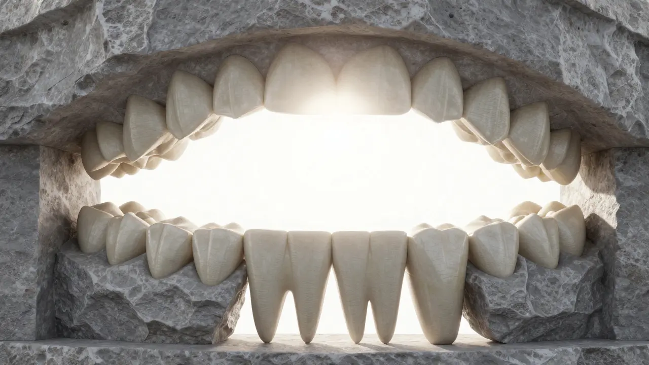 Dental arch jako symetrický kamenný oblouk, kde každý typ zubu je znázorněn jiným tvarem kamene.