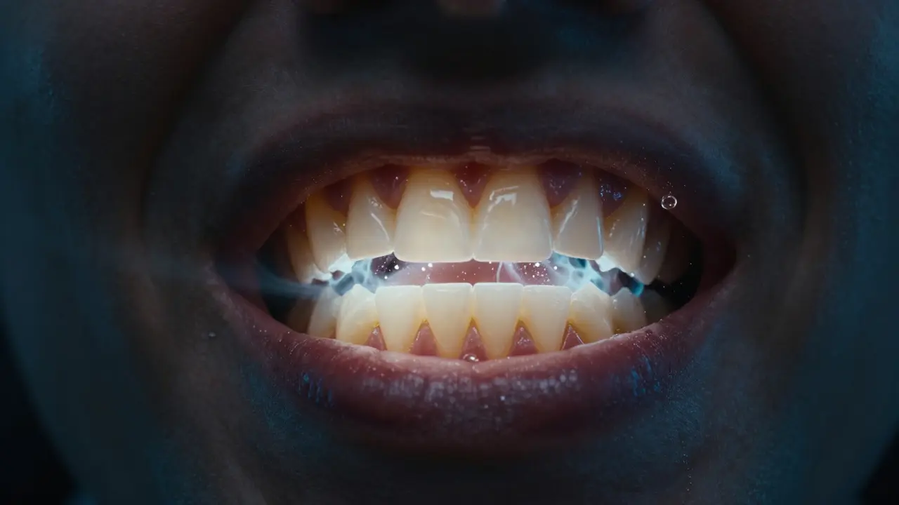 Dental LED světlo odhaluje plak mezi zuby a ochranné působení slin a fluoridu.