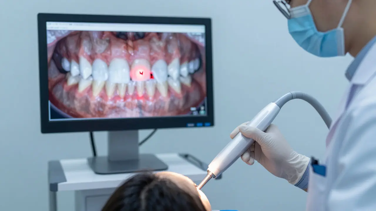 Dentista používá laserovou diagnostiku k detekci mikropraskliny na zubu.