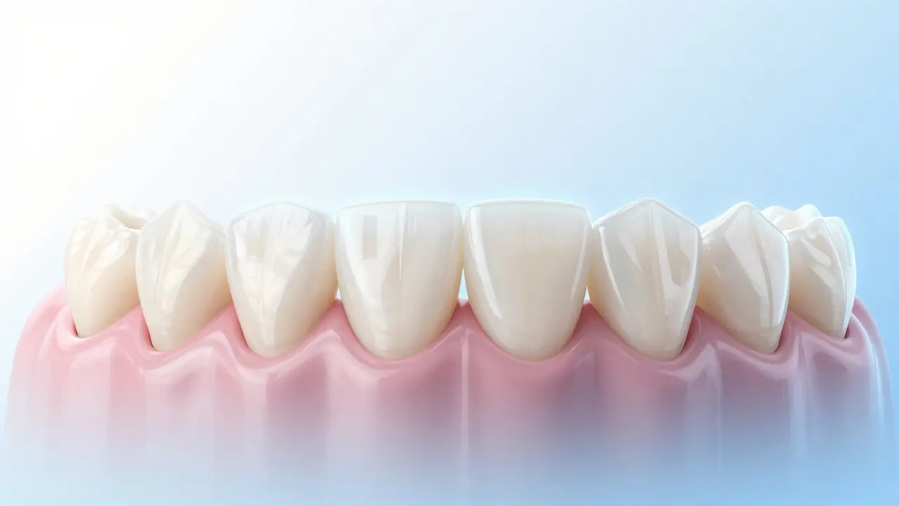 Detailní zobrazení tenkých zubních vložek přilepených na přední povrch zubů.