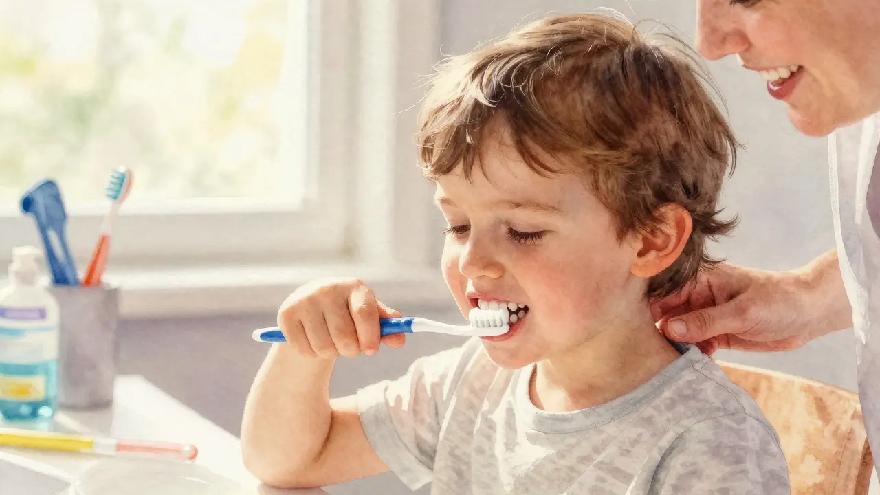 Dítě čistí mezizubní prostory pod dohledem rodiče kartáčkem.