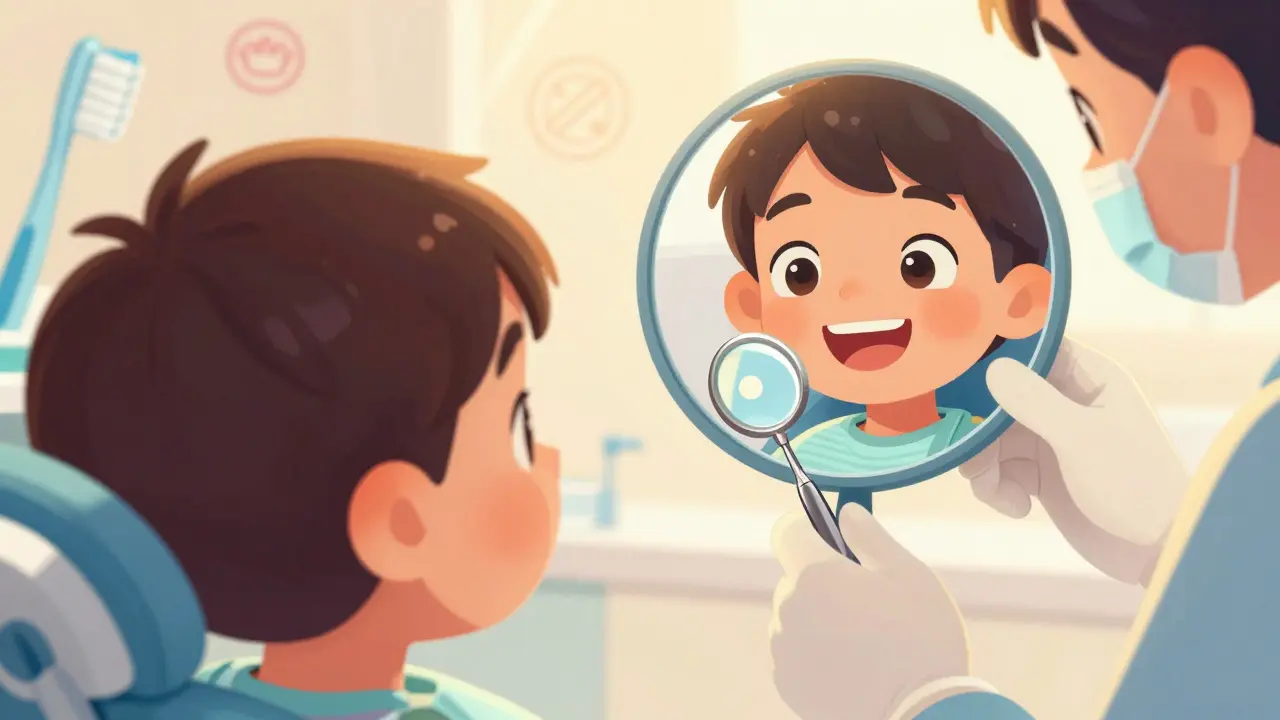 Dítě se dívá do zrcátka, kde vidí svůj zub s počáteční karií, lékař mu to ukazuje.