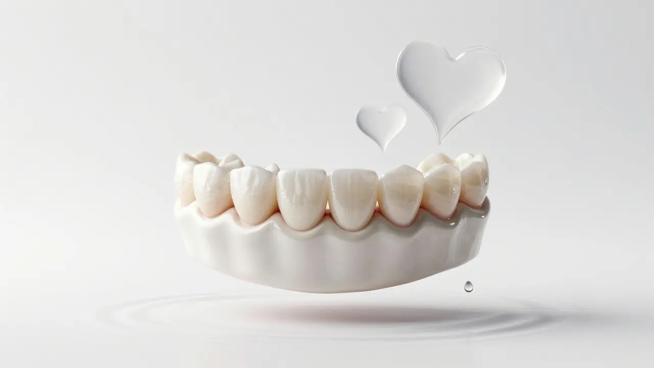 Keramické fazety se jemně spojují s přirozenými zuby, světlo odráží jejich průhlednost, symbolizující transformaci úsměvu.