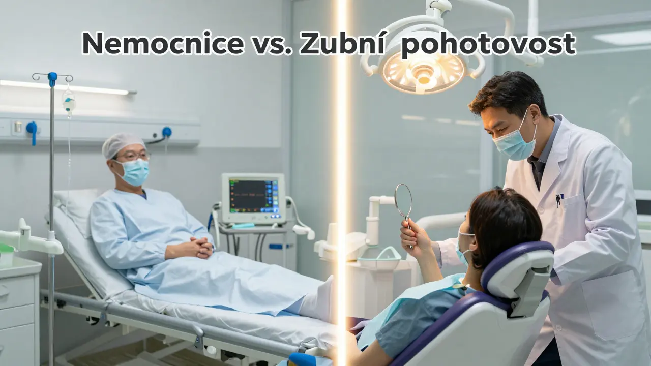 Kontrast mezi nemocnicí a zubní pohotovostí: léčba těla vs. akutní péče o zuby.