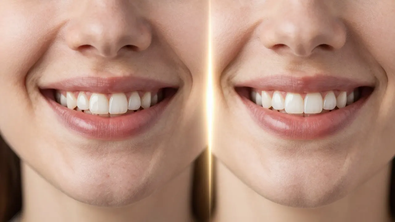 Kontrast mezi původním a přepracovaným úsměvem s vložkami — před a po transformaci.