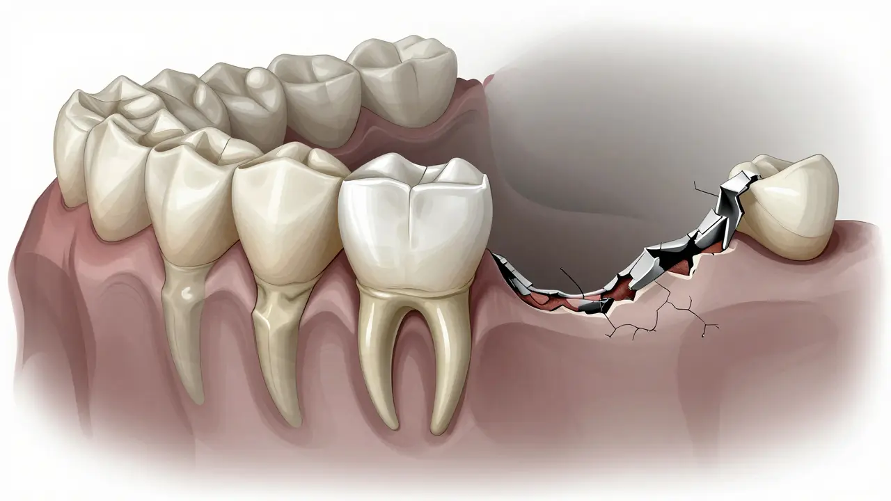 Kontrast mezi zdravou a zaniklou okosticí pod metalokeramickou korunkou s viditelnými poškozeními.
