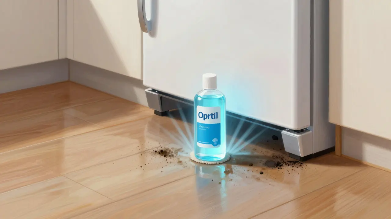 Kuchyň s čistou podlahou a špínou pod lednicí, symbolizující skryté zubní plaky.