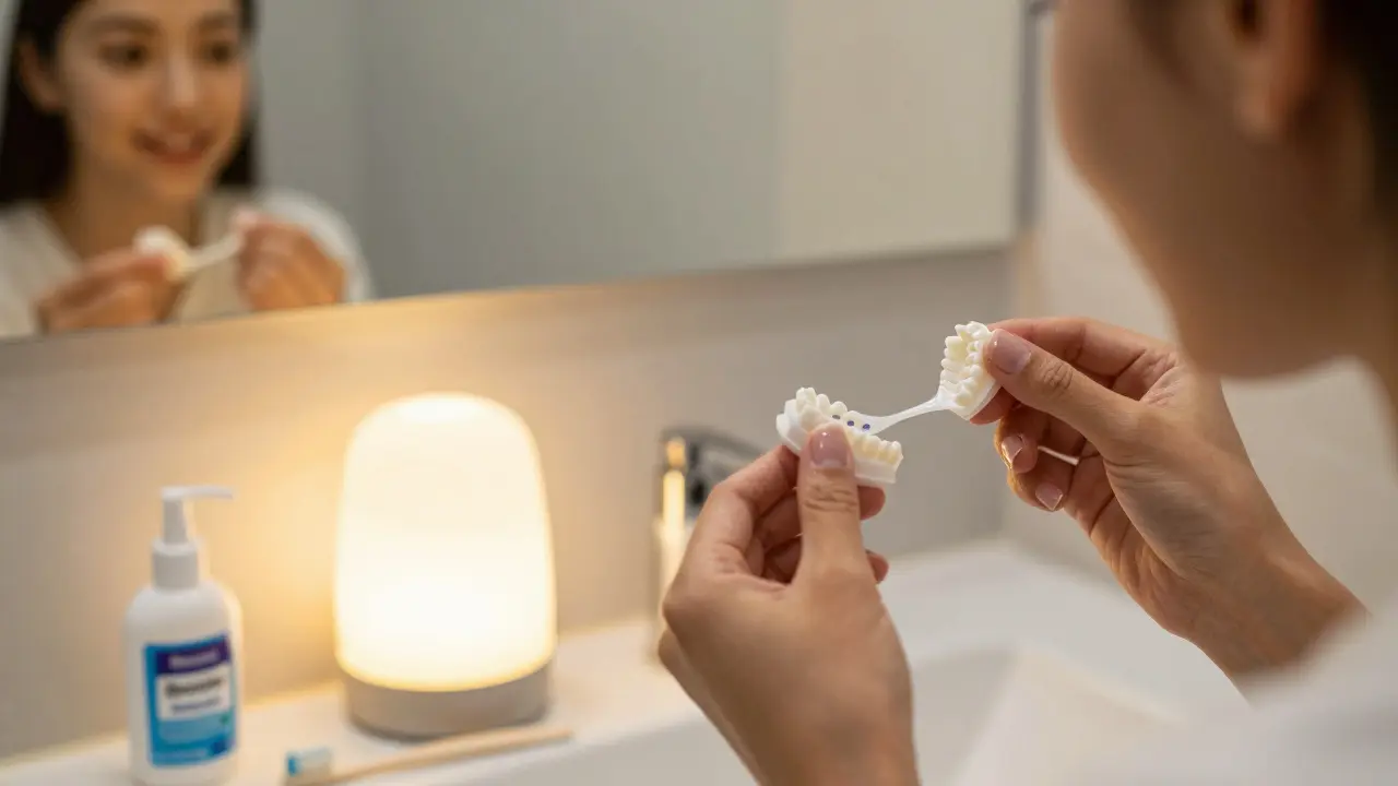 Osoba aplikuje bělící gel do zubních forem v koupelně při světle zrcadla.