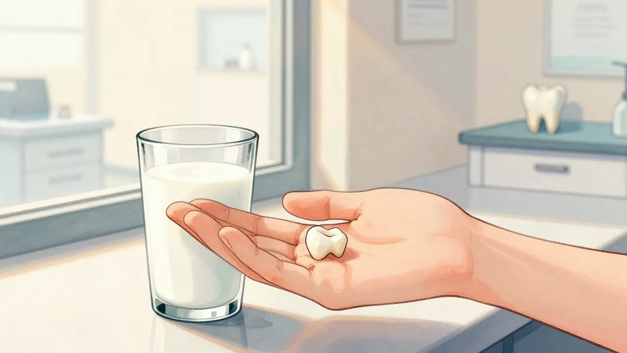 Osoba drží kousek sklovinového materiálu v mléce, zubařská ordinace na pozadí.