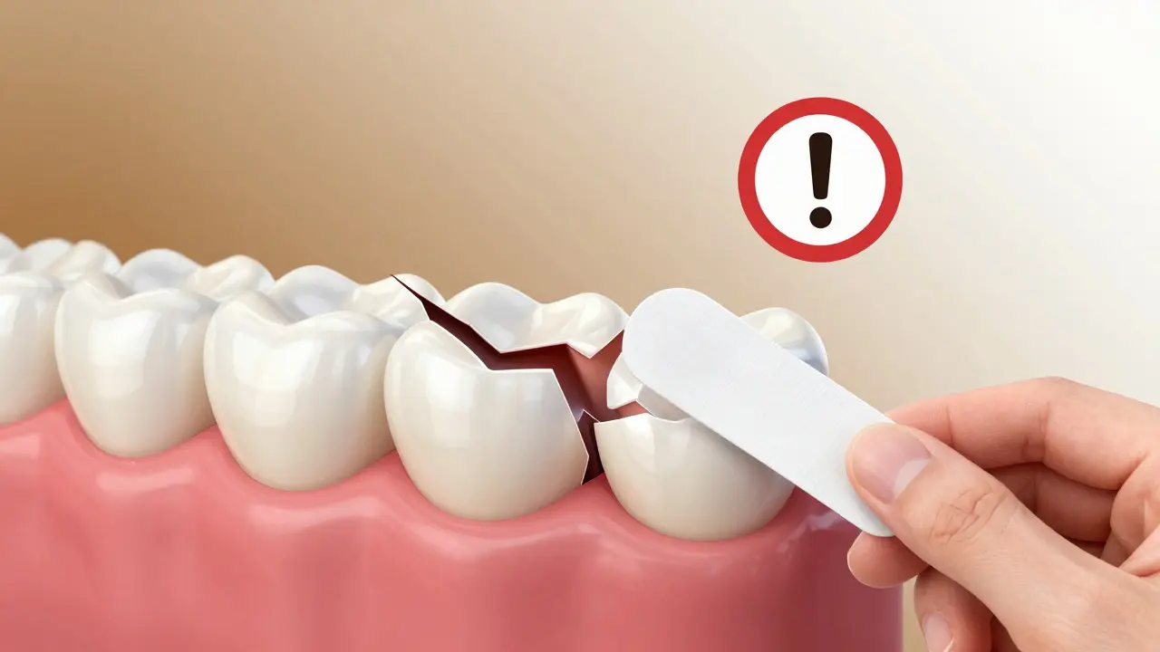 Porušená emalová vrstva v kontrastu se zdravou, s varováním před příliš častým bělením.