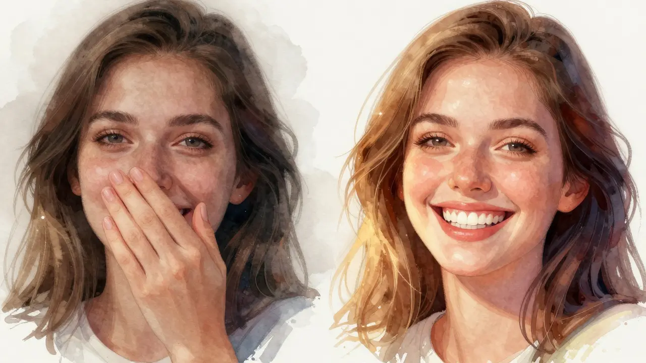 Před a po: žena skrývající ústa versus stejná žena volně smějící se s krásným, přirozeným úsměvem.