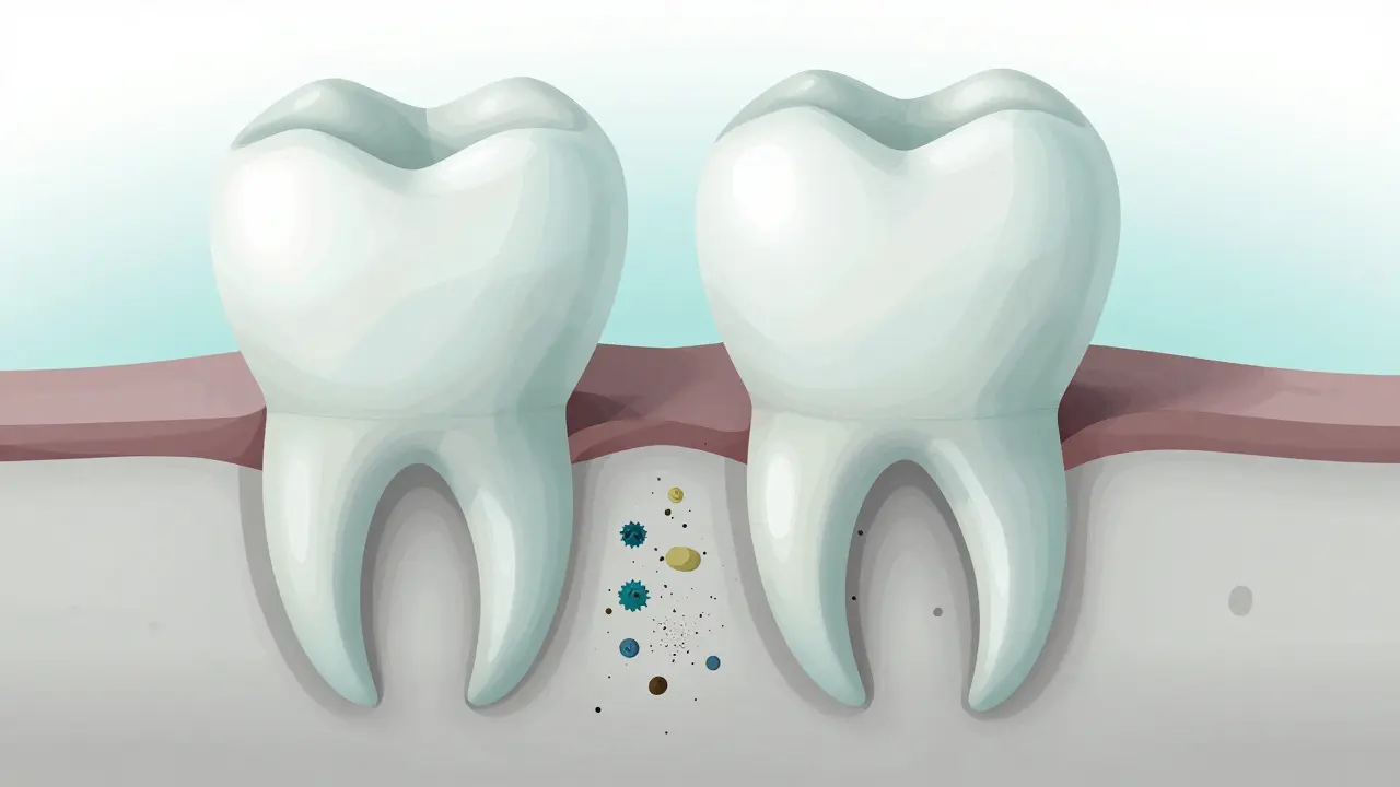 Průřez čelistí ukazující ztrátu kosti kolem zubu kvůli parodontitidě