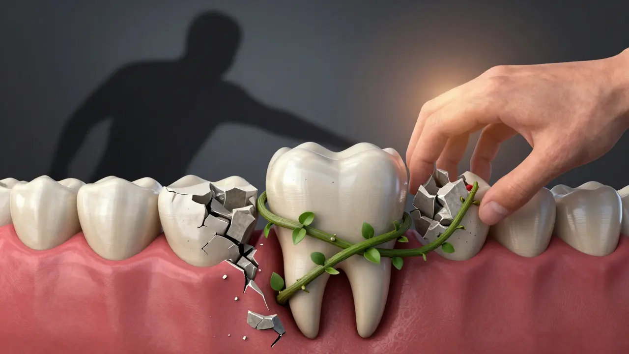 Symbolický obraz zubu s dásními jako liánami, kde některé dásně jsou zničené, jiné zdravé.