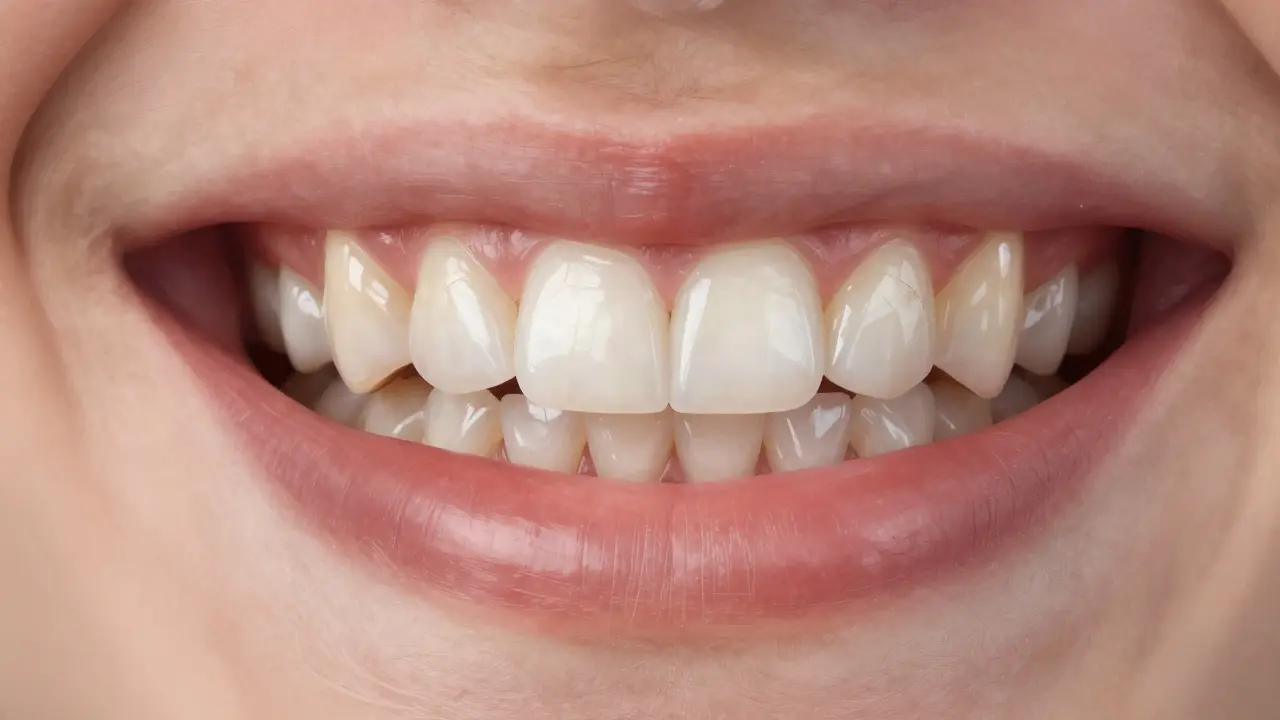 Three front teeth showing different levels of composite restoration quality.