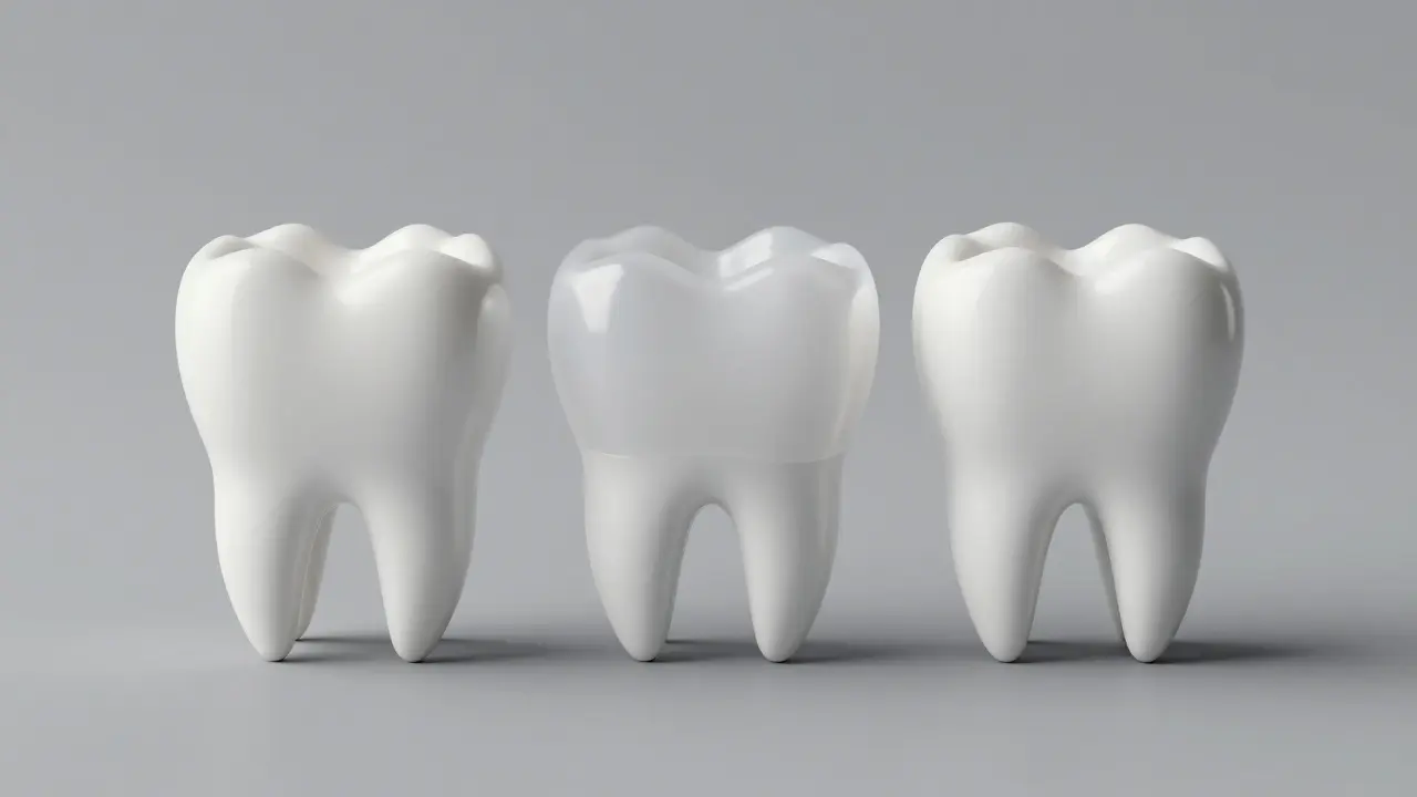 Tři zuby vedle sebe: křivý, částečně pokrytý a úplně obnovený fazetou, na neutrálním pozadí.