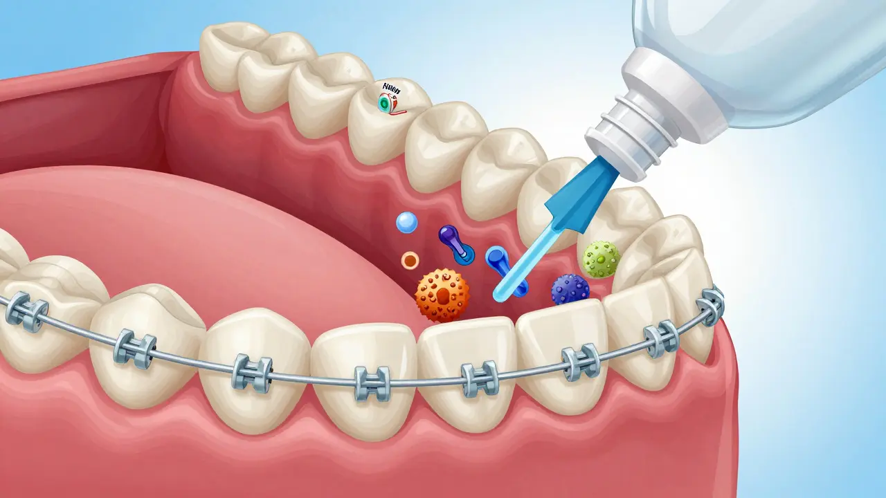 Vědecká ilustrace ústní dutiny s bakteriemi a účinkem ústní vody na zubní plak.