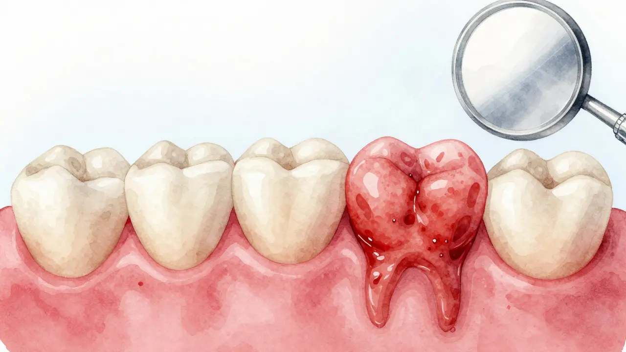 Zánětlivé dásně s krvácením kolem zubu s kamenem.