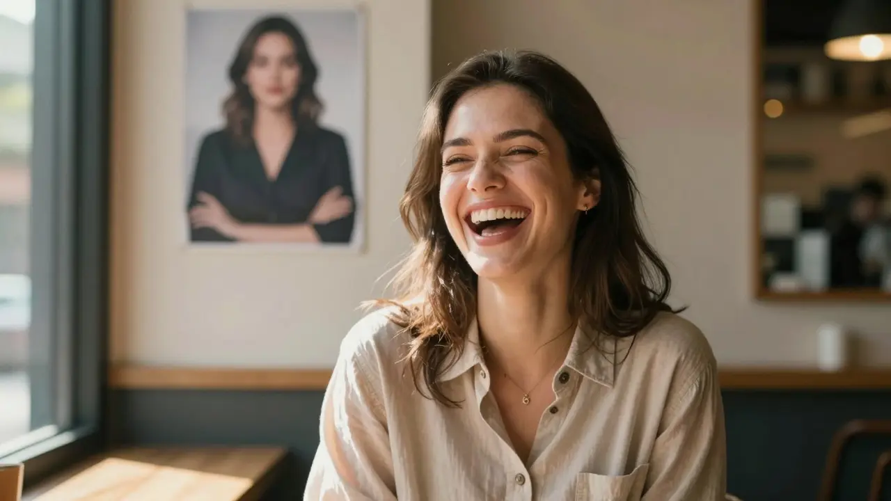 Žena se směje v kavárně, její široký úsměv symbolizuje obnovené sebevědomí.