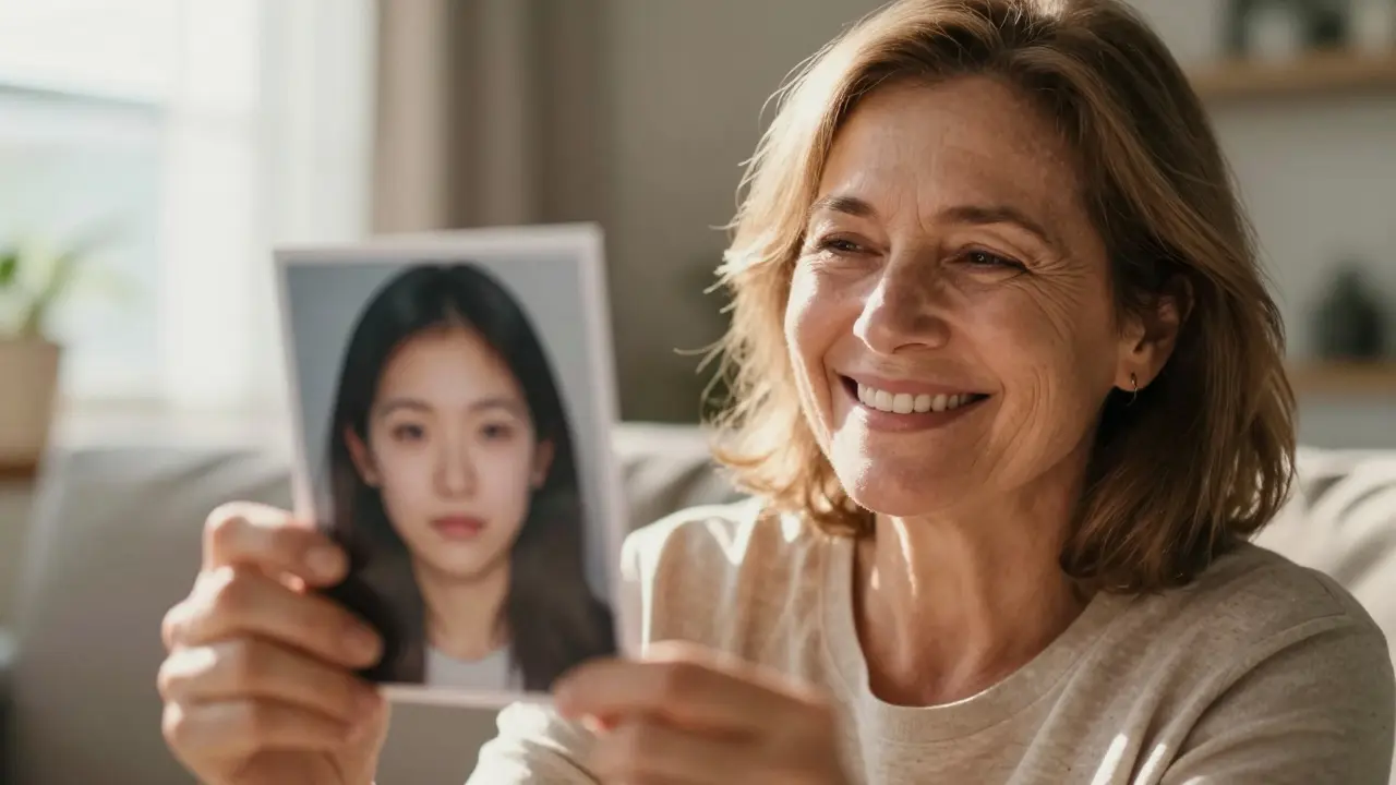 Žena usmívá se s radostí, drží fotografii svého staršího sebe, světlo z okna jemně osvětluje scénu.