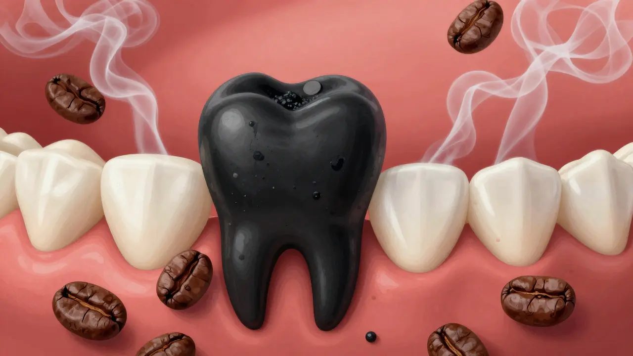Zub s černým zubním kamenem a symbolické prvky kávy a tabáku.