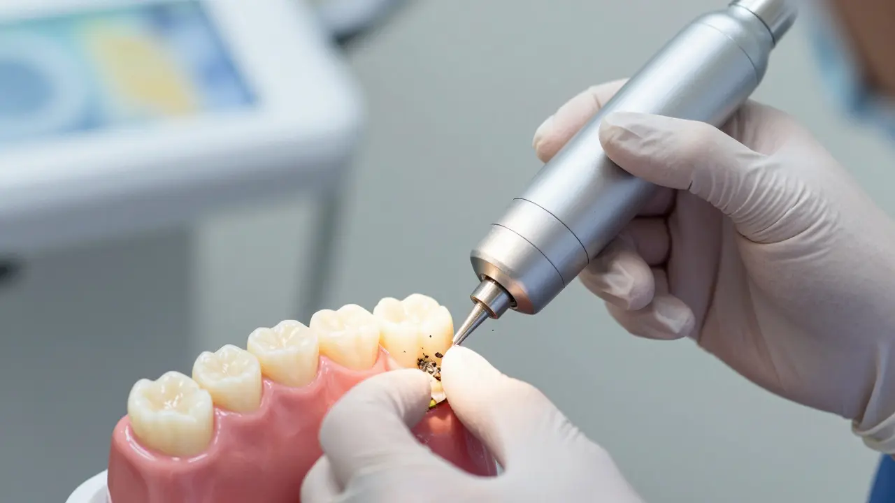 Zubní hygienistka odstraňuje kámen ultrazvukovým nástrojem.