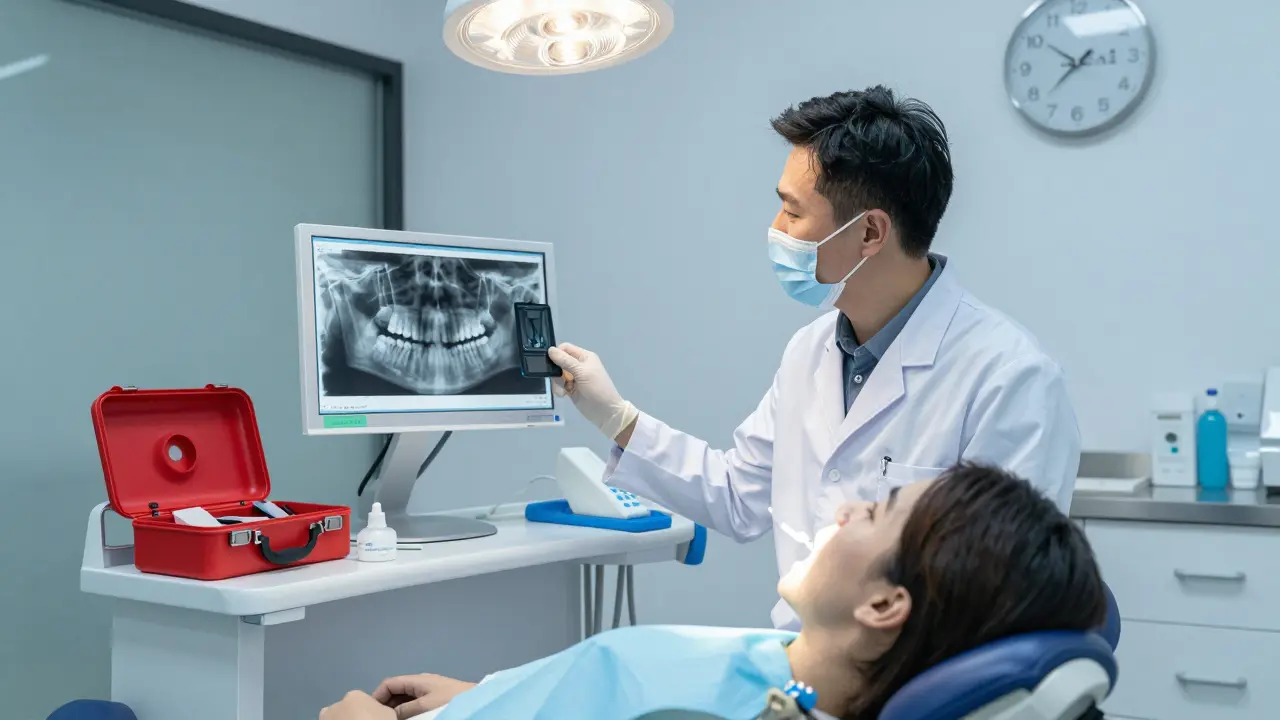 Zubní lékař dělá digitální rentgen pacientovi v noční pohotovosti.