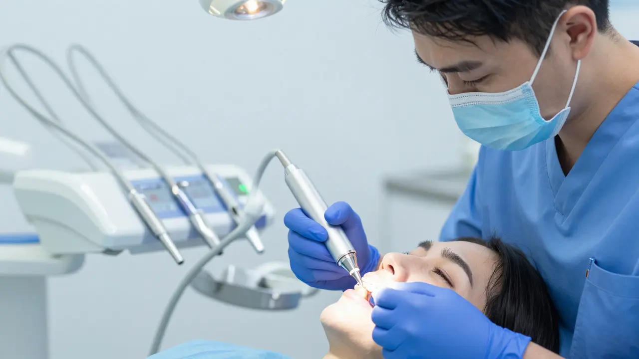 Zubní lékař používá ultrazvukové zařízení pro odstranění kameně.