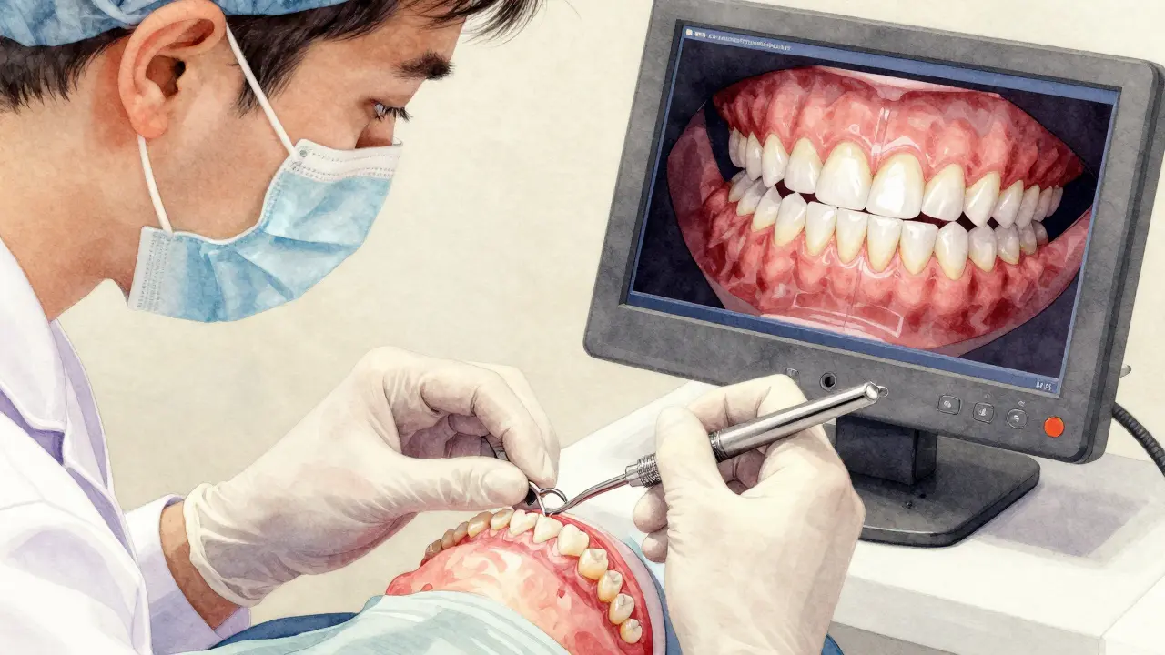 Zubní lékař připevňuje keramickou fazetu pomocí přesných nástrojů, vedle něj 3D sken úsměvu.