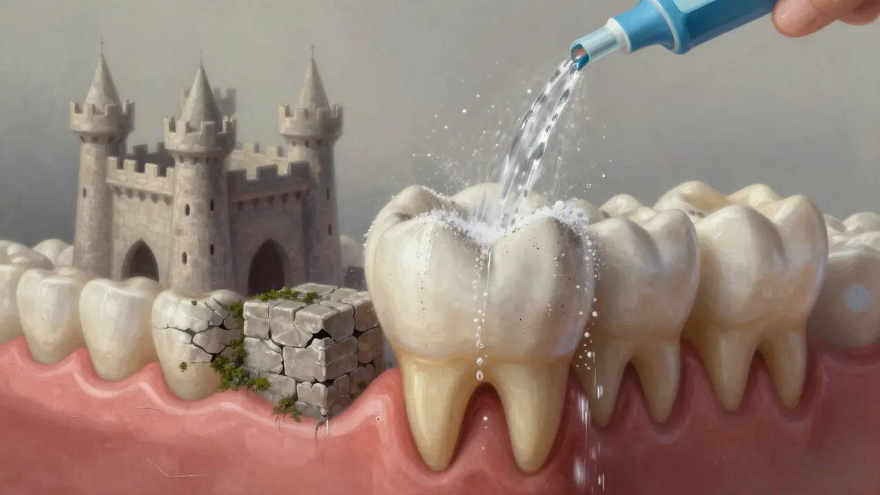 A tooth castle being cleansed by a stream of polishing powder and water.