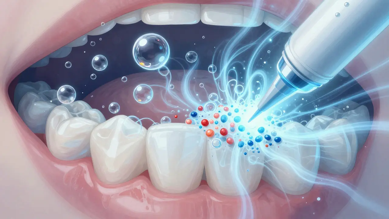 Abstraktní znázornění kavitačního efektu, kde mikroskopické bubliny odstraňují plak podél dásní.