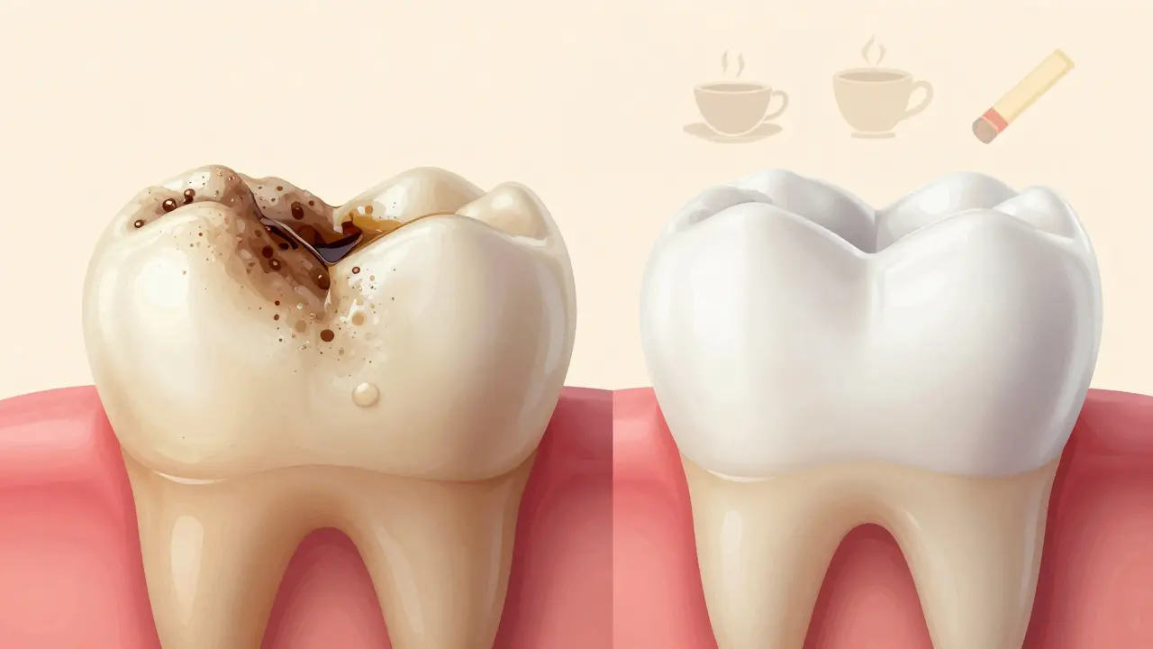 Before and after view of a tooth with plaque, tartar, and stains removed.