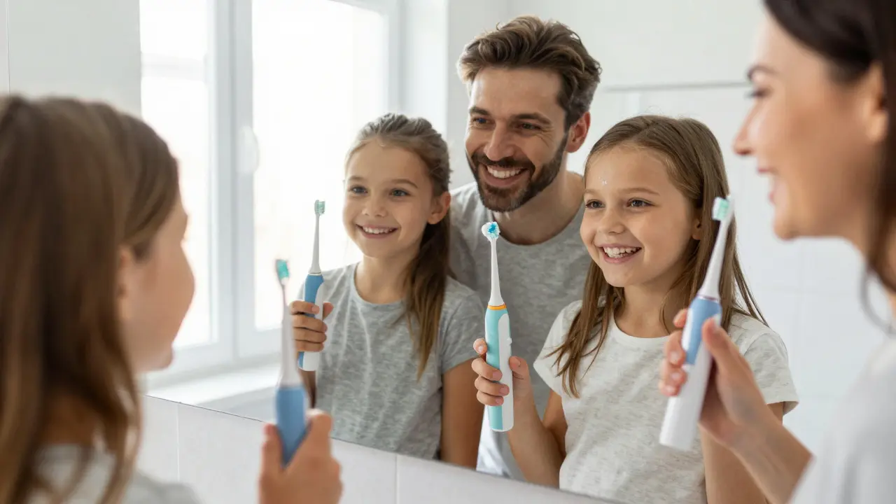 Česká rodina společně používající ultrasonické čističe zubů v koupelně, všichni se usmívají do zrcadla.