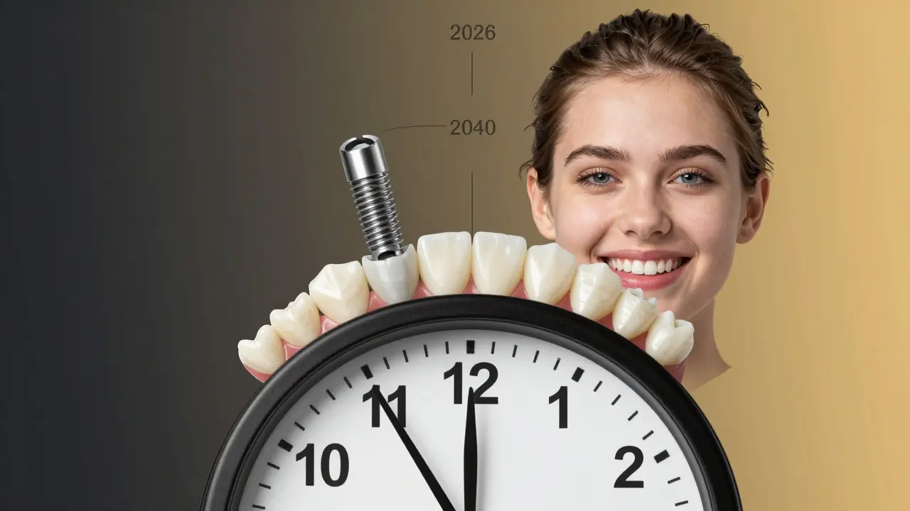 Clock with dental implant hands showing long-term benefits of tooth replacement.