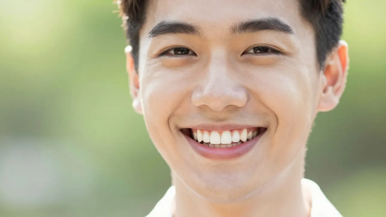 Člověk s úsměvem ukazujícím zdravé a bílé zuby.