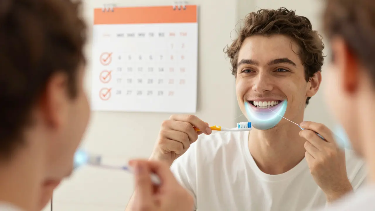 Člověk se usmívá do zrcadla, symbolizující prevenci a pravidelnou péči o zuby.