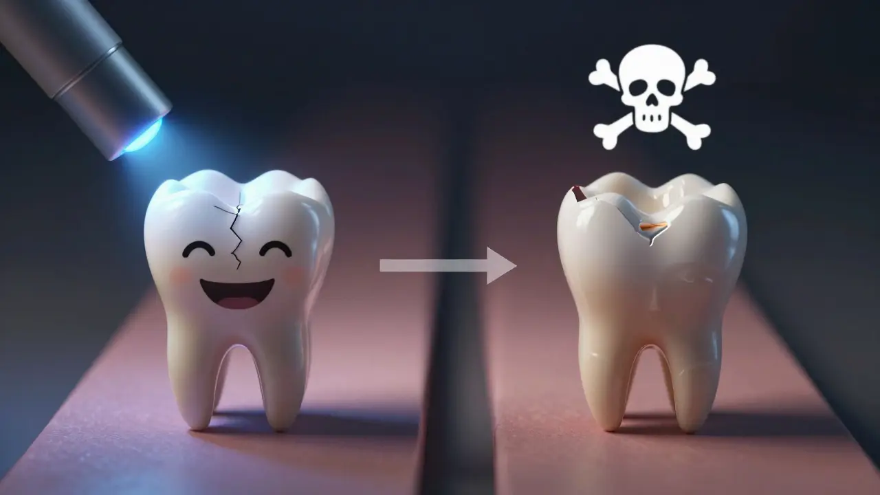 Contrast between restored tooth leading to a smile and neglected tooth leading to tooth loss.