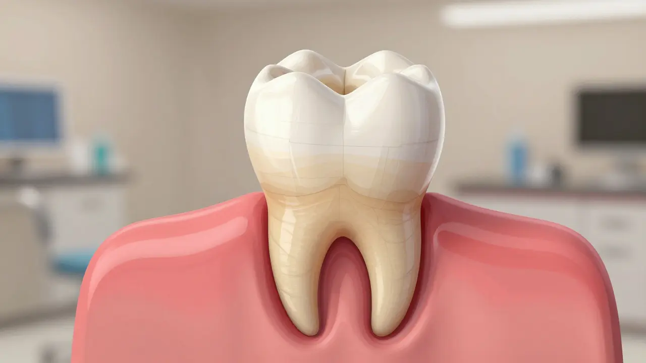 Cross-section of a tooth being rebuilt with layered composite resin, showing healthy core.