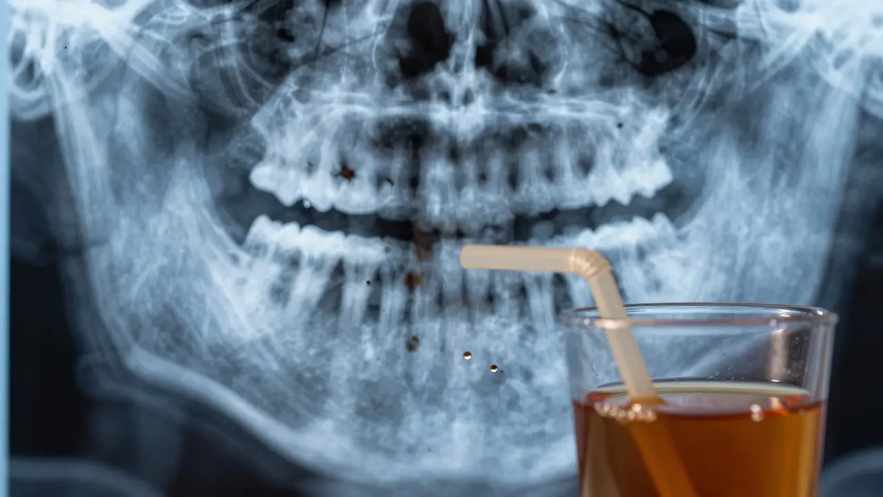 Dentální rentgenový obraz ukazuje tanniny pronikající do sklovinky, vedle slámy, která směřuje čaj mimo zuby.