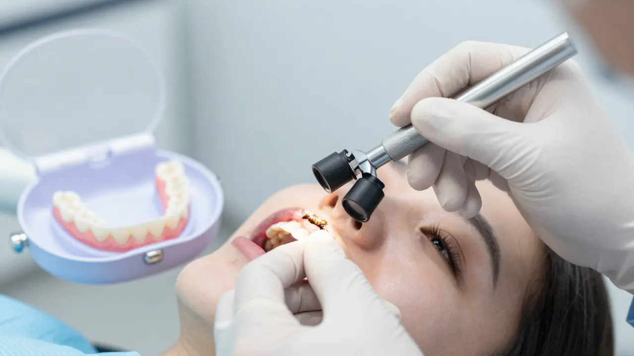 Dentist kontrolyuje okraj keramické fazety s lupou v klinice.