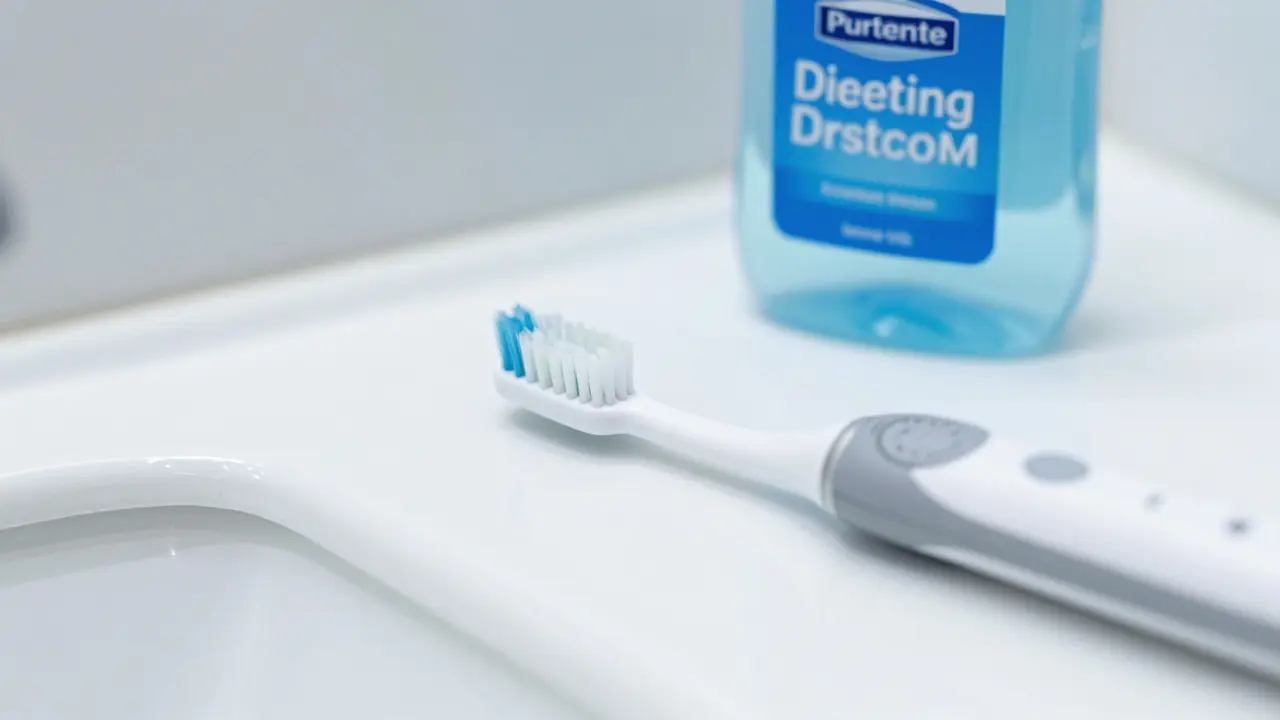 Elektrický kartáček a roztok na bělení na umyvadle.