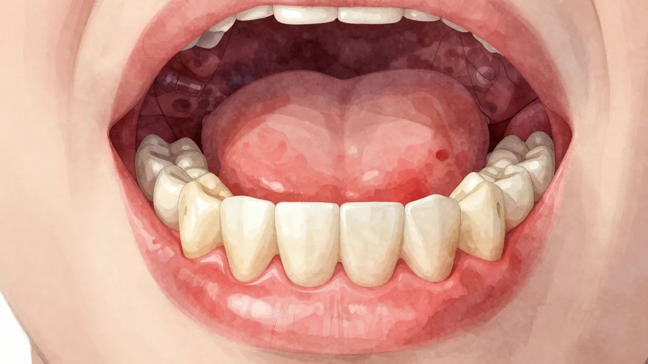 Ilustrace zanícené dásně kolem zubu moudrosti