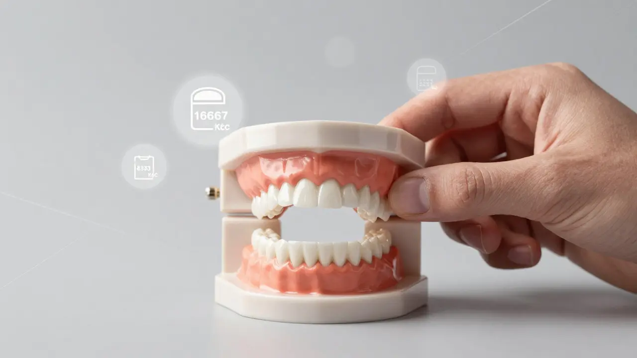 Keramická fazeta na zubním modelu s vyznačenými měsíčními splátkami.