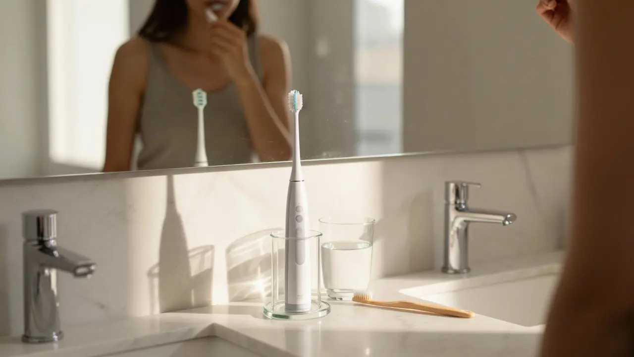 Koupelna s hydratačními přípravky a ultrazvukovým čističem.