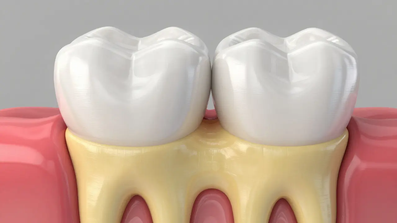 Makro záběr zubního řezu se sklovinou a dentinem.