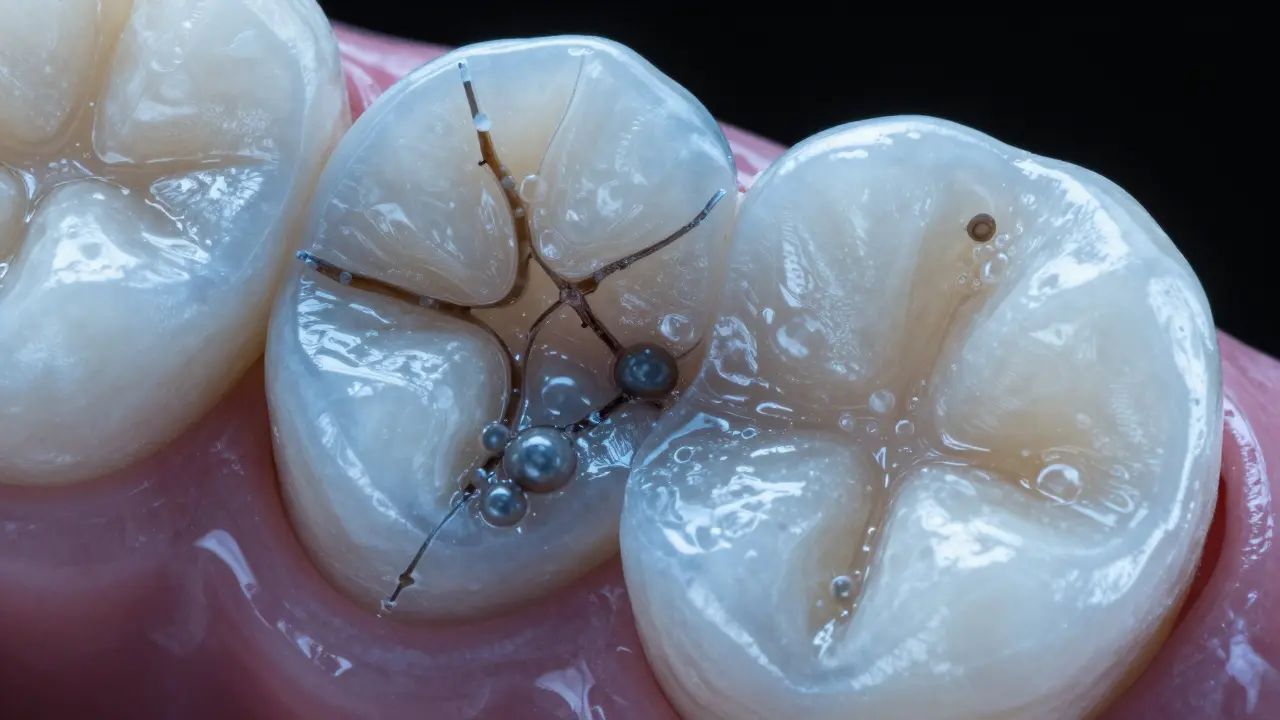 Mikroskopický pohled na biofilm a mikrotrhliny v kompozitní výplni podobné otiskům prstů.