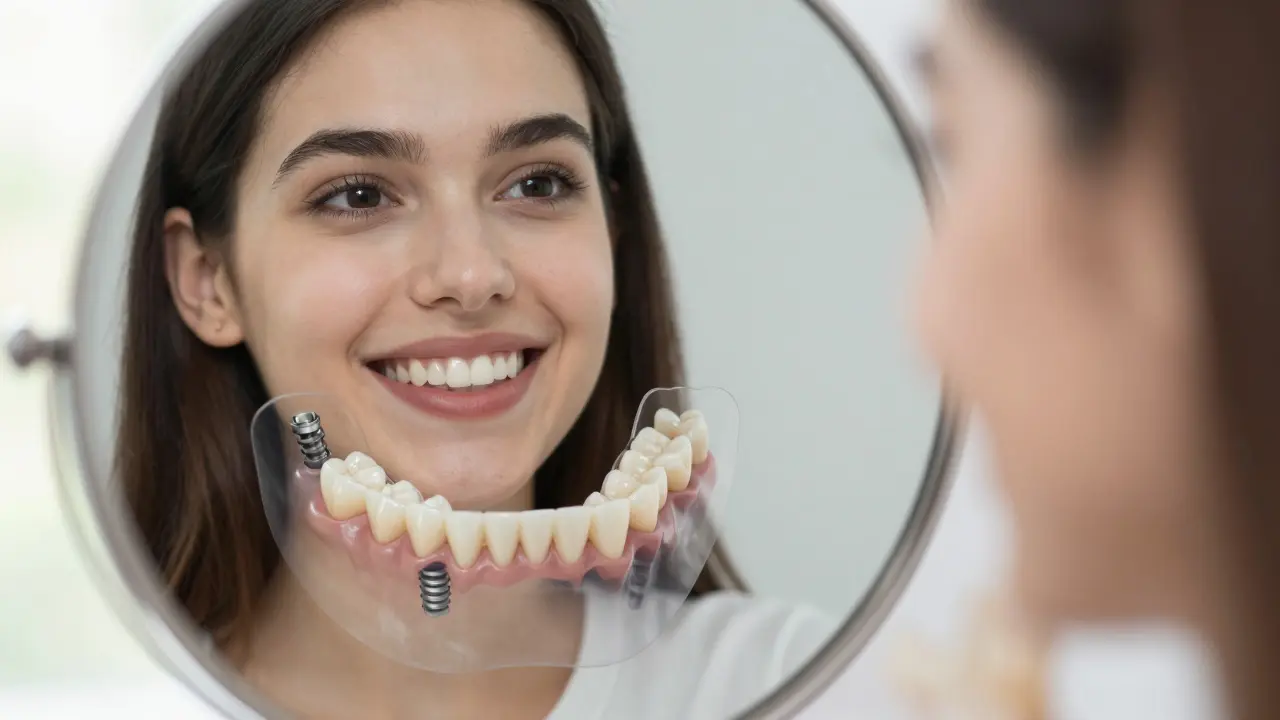 Person smiling in mirror with transparent view of dental implants and crowns inside jaw.