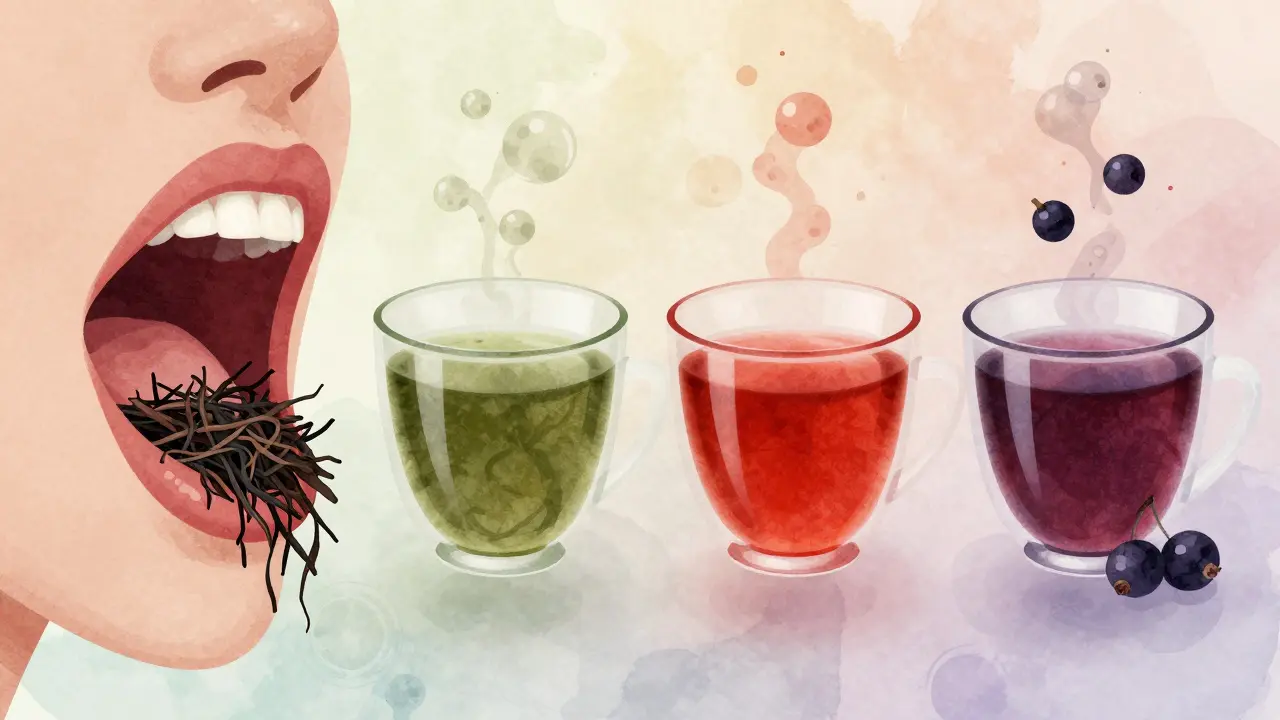 Porovnání různých druhů čaje a jejich vliv na barvení zubů v barevné ilustraci.